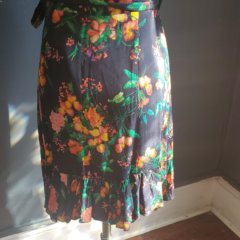 Zara Black Floral Wrap  Dress with Pink, Orange & Green Accents - Picture 10 of 13